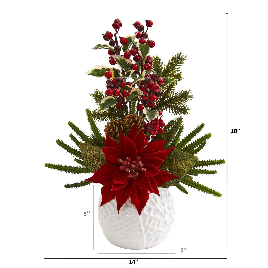 18” Poinsettia, Cactus and Holly Berry Christmas Artificial Arrangement in White Vase