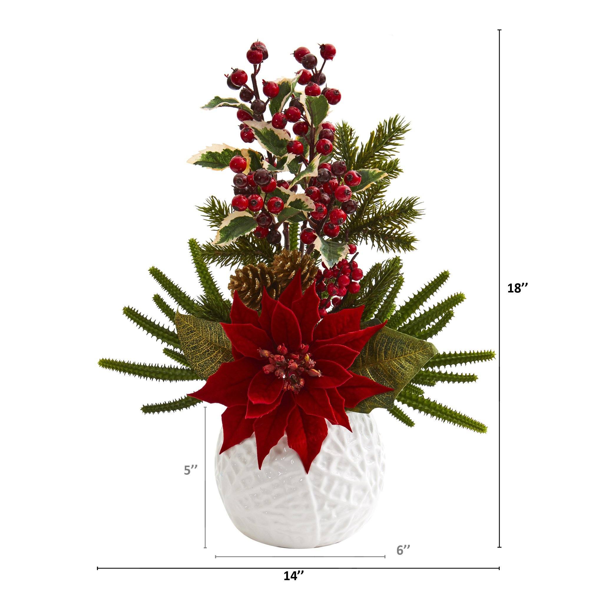 18” Poinsettia, Cactus and Holly Berry Christmas Artificial Arrangement in White Vase
