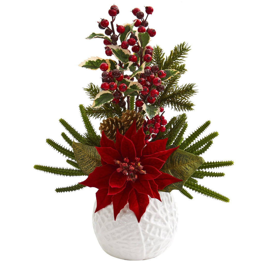 18” Poinsettia, Cactus and Holly Berry Christmas Artificial Arrangement in White Vase