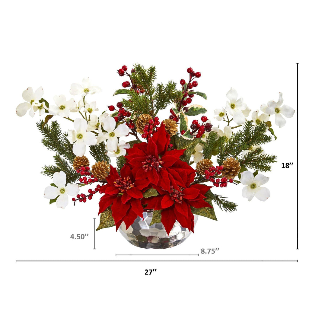 18" Poinsettia, Dogwood, Berry and Pine Artificial Arrangement in Silver Vase"