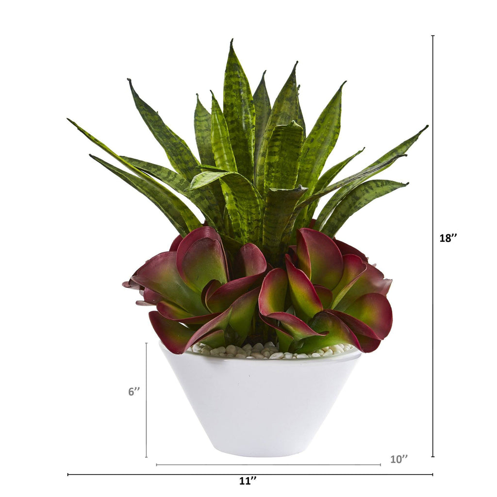 18” Sansevieria and Succulent Artificial Plant in White Bowl