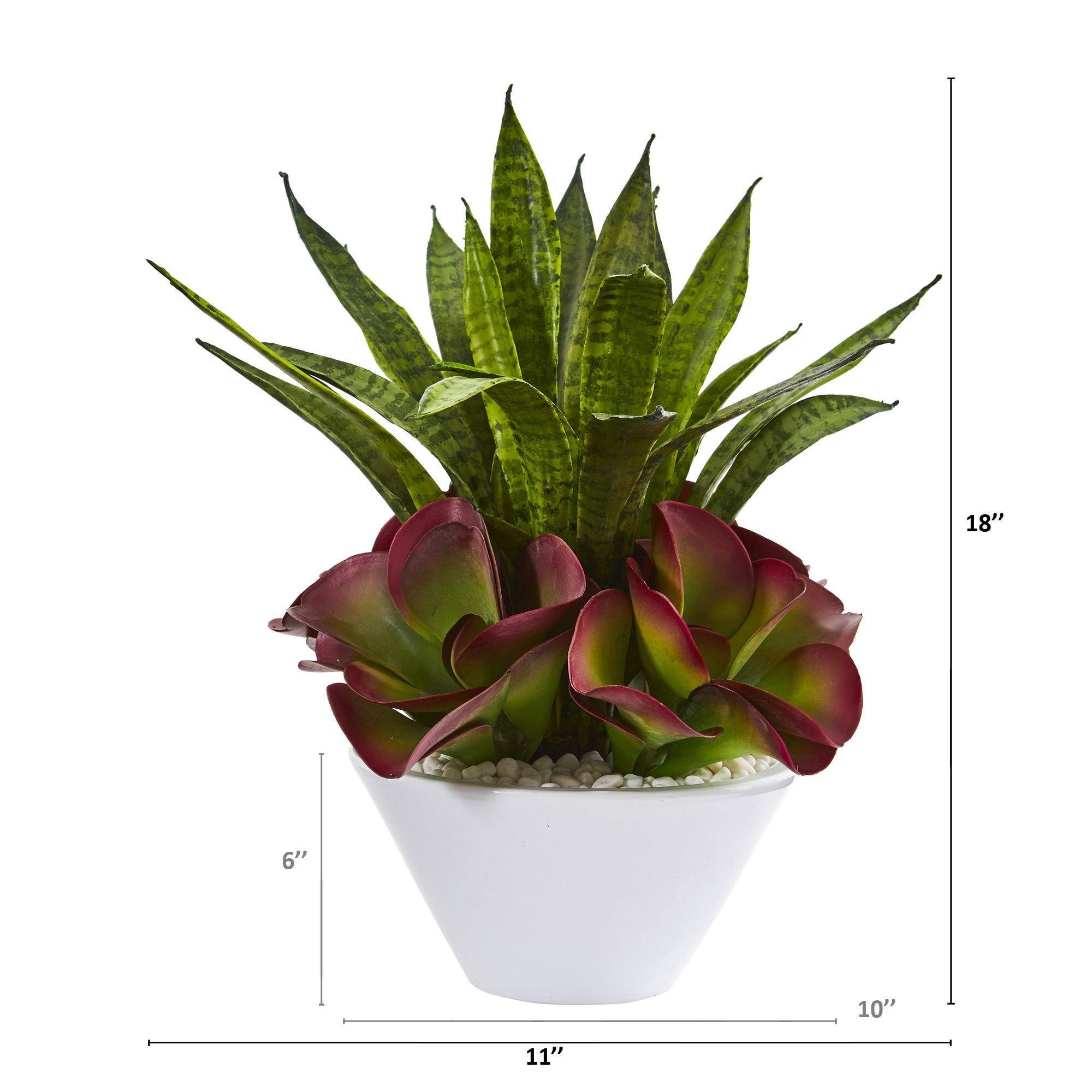 18” Sansevieria and Succulent Artificial Plant in White Bowl