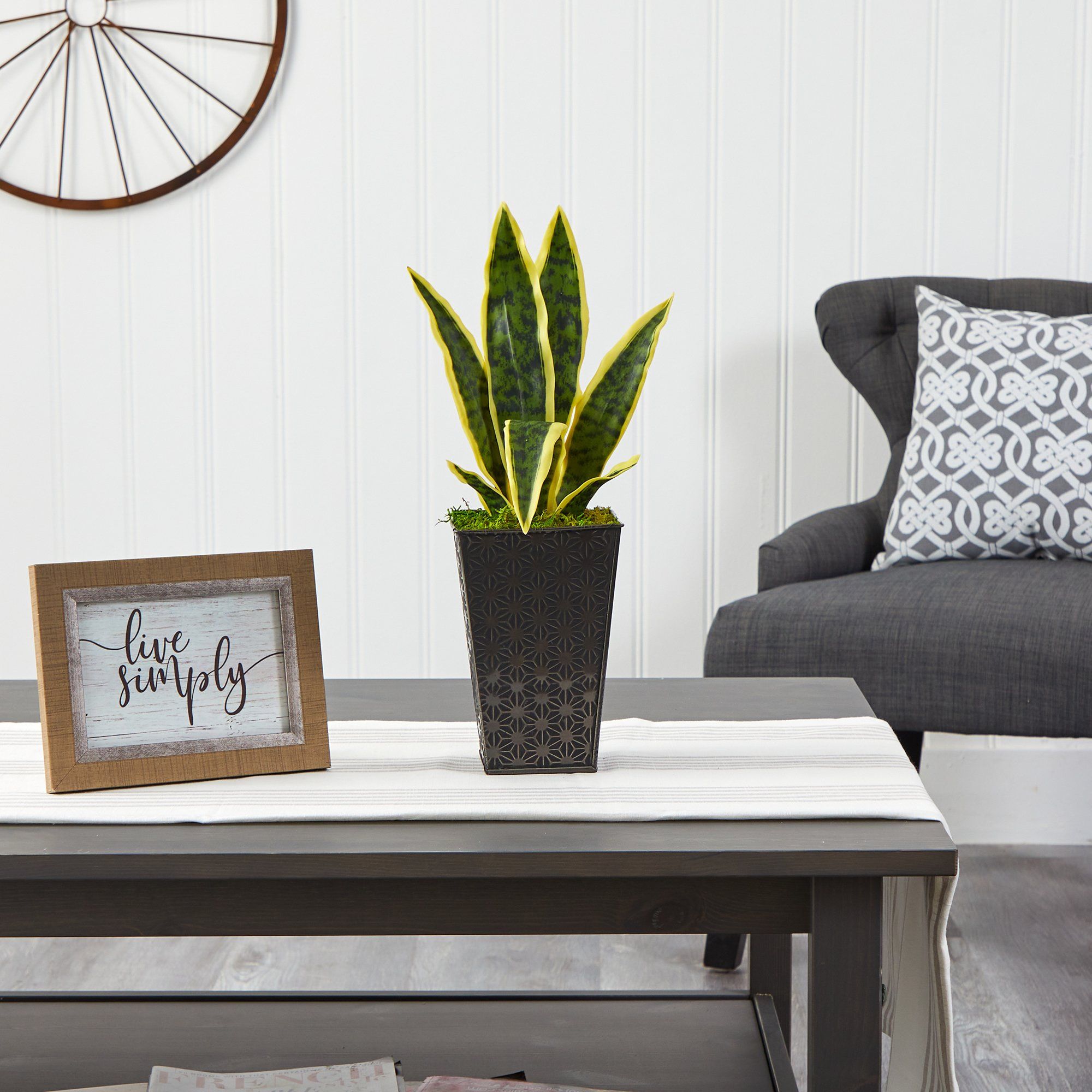 18” Sansevieria Artificial Plant in Embossed Black Planter