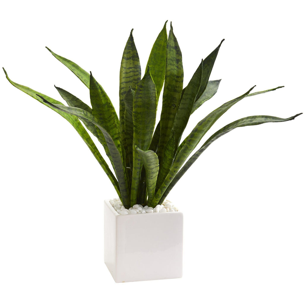 18” Sansevieria Artificial Plant in White Planter with River Rocks
