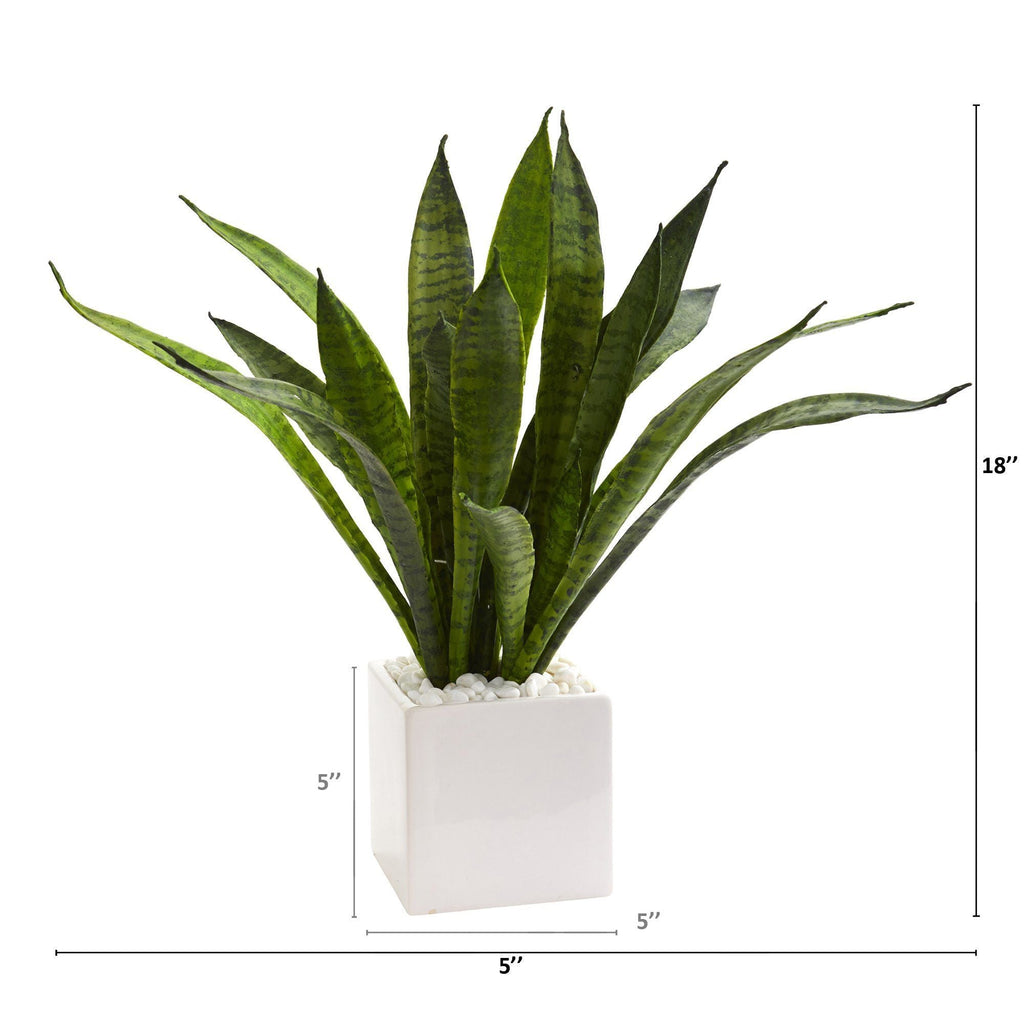 18” Sansevieria Artificial Plant in White Planter with River Rocks
