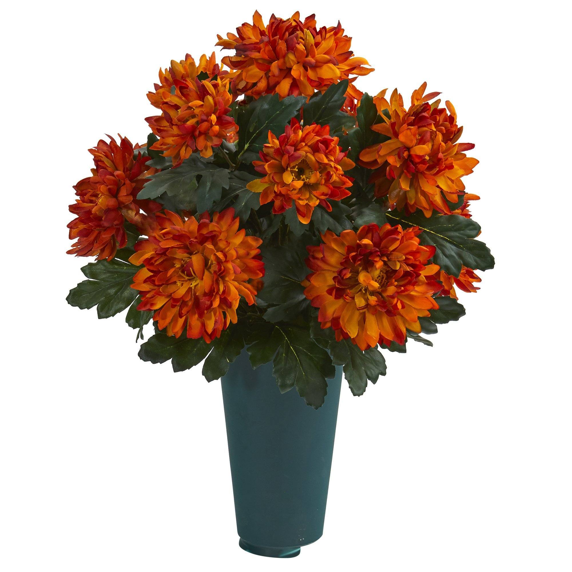 18” Spider Mum Artificial Graveside Memorial Arrangement in Green Vase