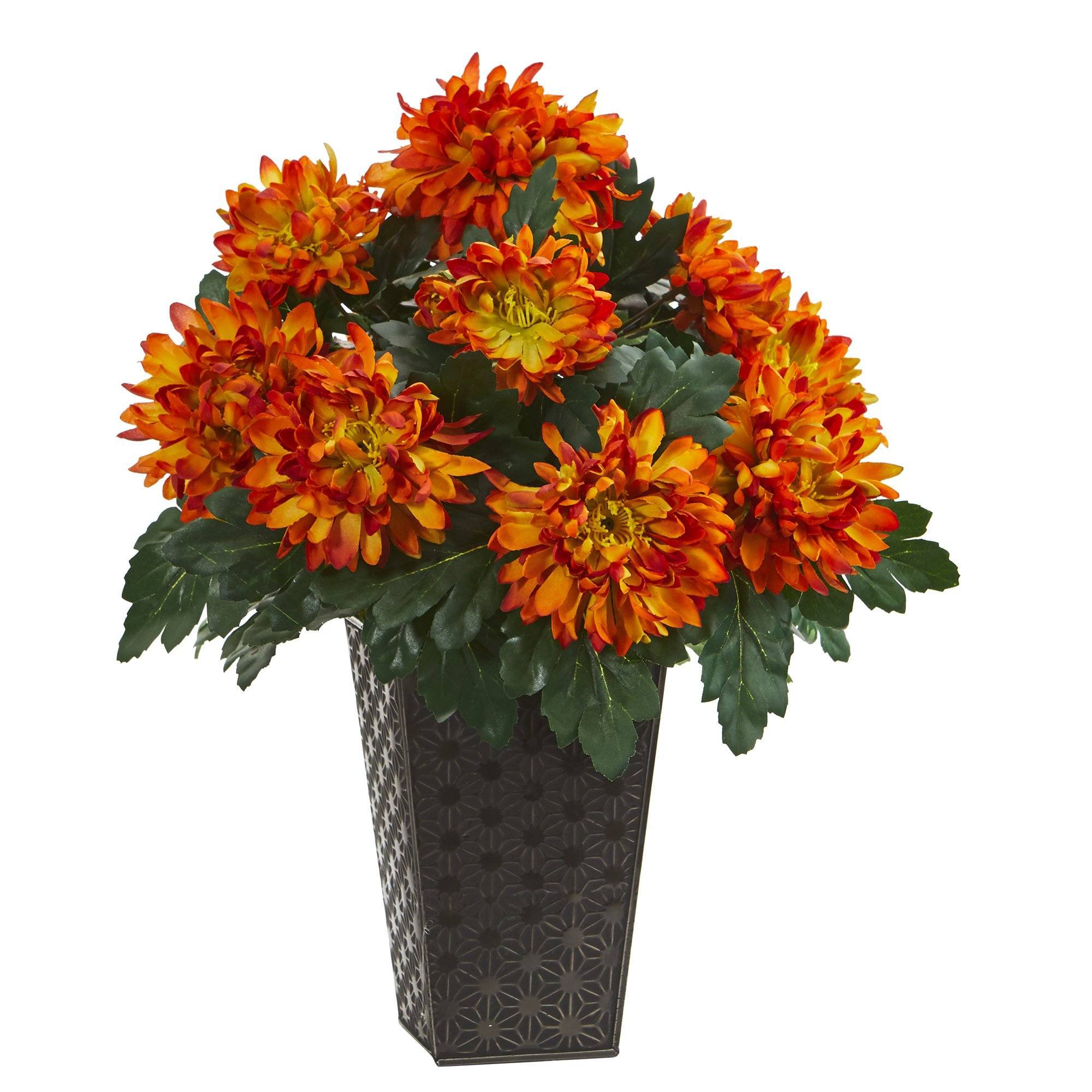 18” Spider Mum Artificial Plant in Black Tin Planter