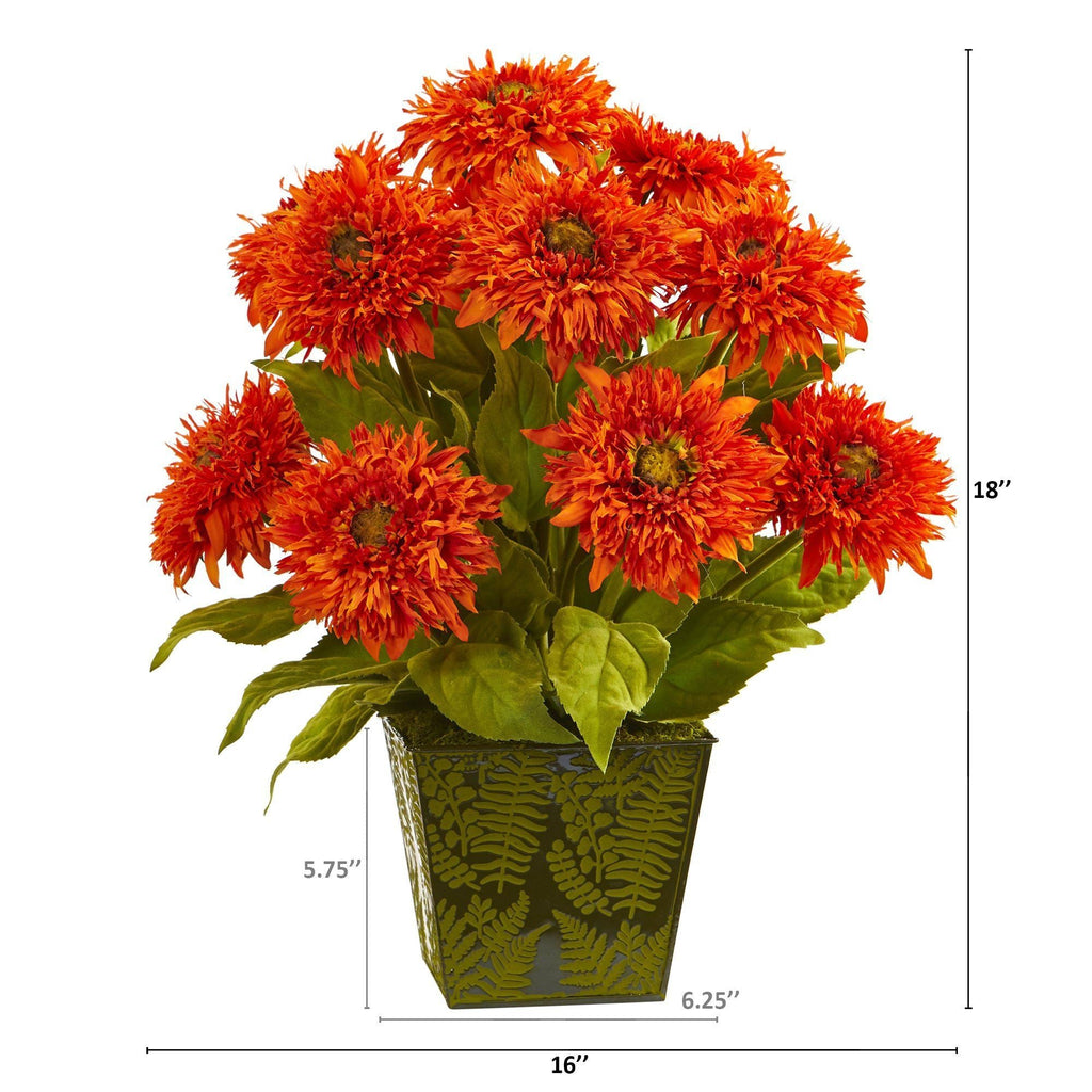 18” Sunflower Artificial Arrangement in Green Tin Planter