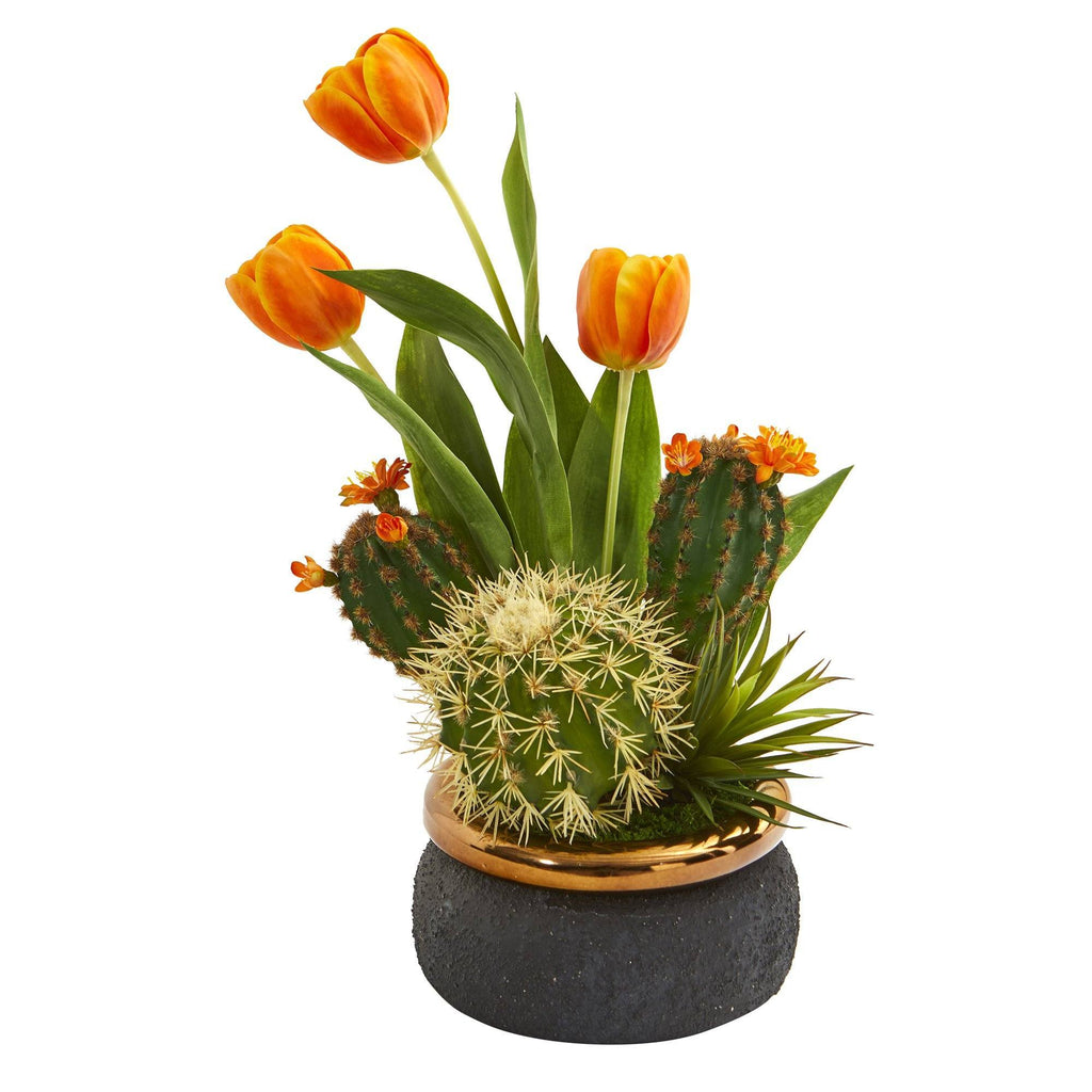 18” Tulips and Succulents Artificial Arrangement in Stoneware Vase