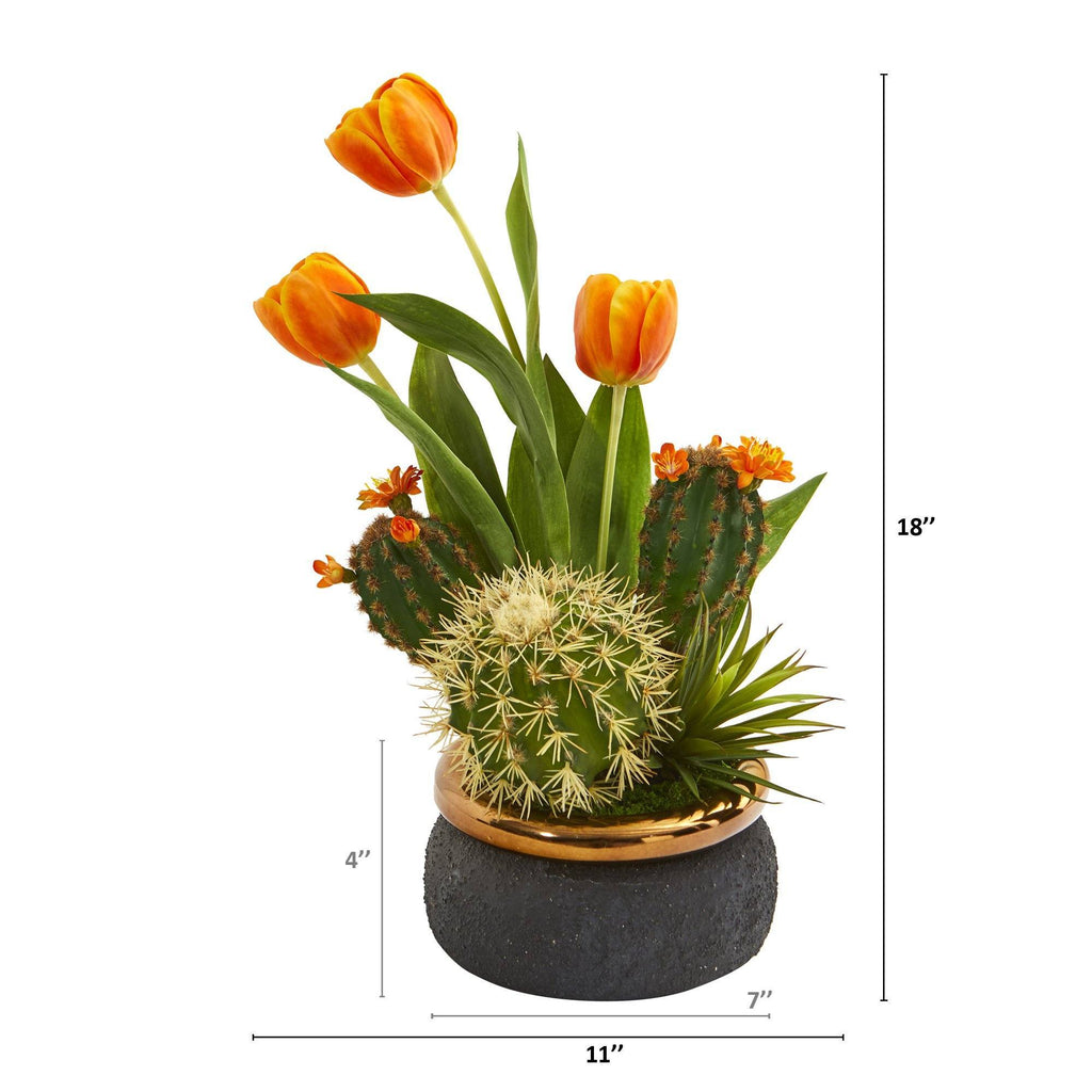 18” Tulips and Succulents Artificial Arrangement in Stoneware Vase