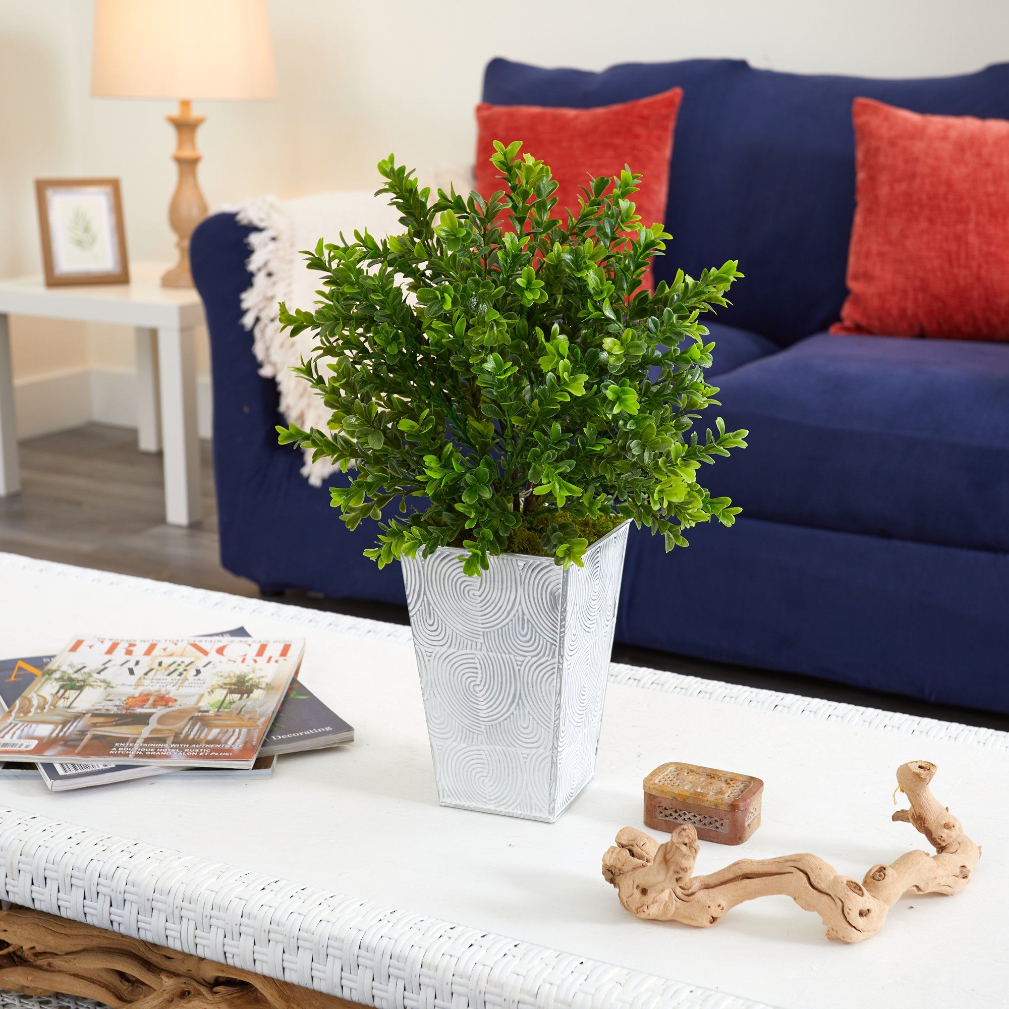 19” Boxwood Artificial Plant in Embossed White Planter (Indoor/Outdoor)