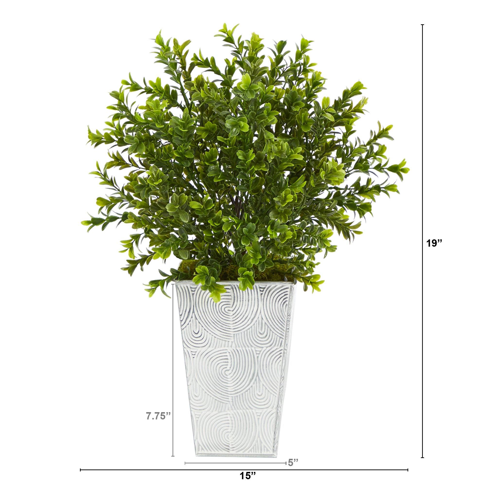 19” Boxwood Artificial Plant in Embossed White Planter (Indoor/Outdoor)