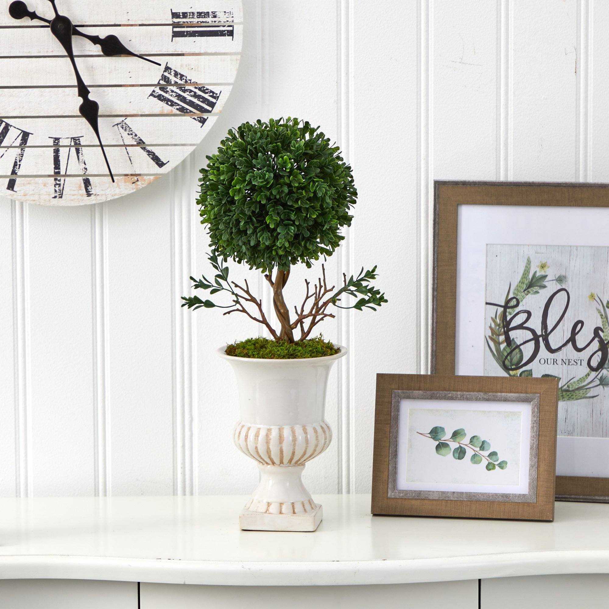 19” Boxwood Topiary Artificial Tree in White Urn UV Resistant (Indoor/Outdoor)