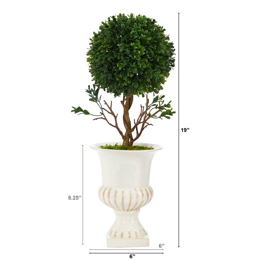19” Boxwood Topiary Artificial Tree in White Urn UV Resistant (Indoor/Outdoor)