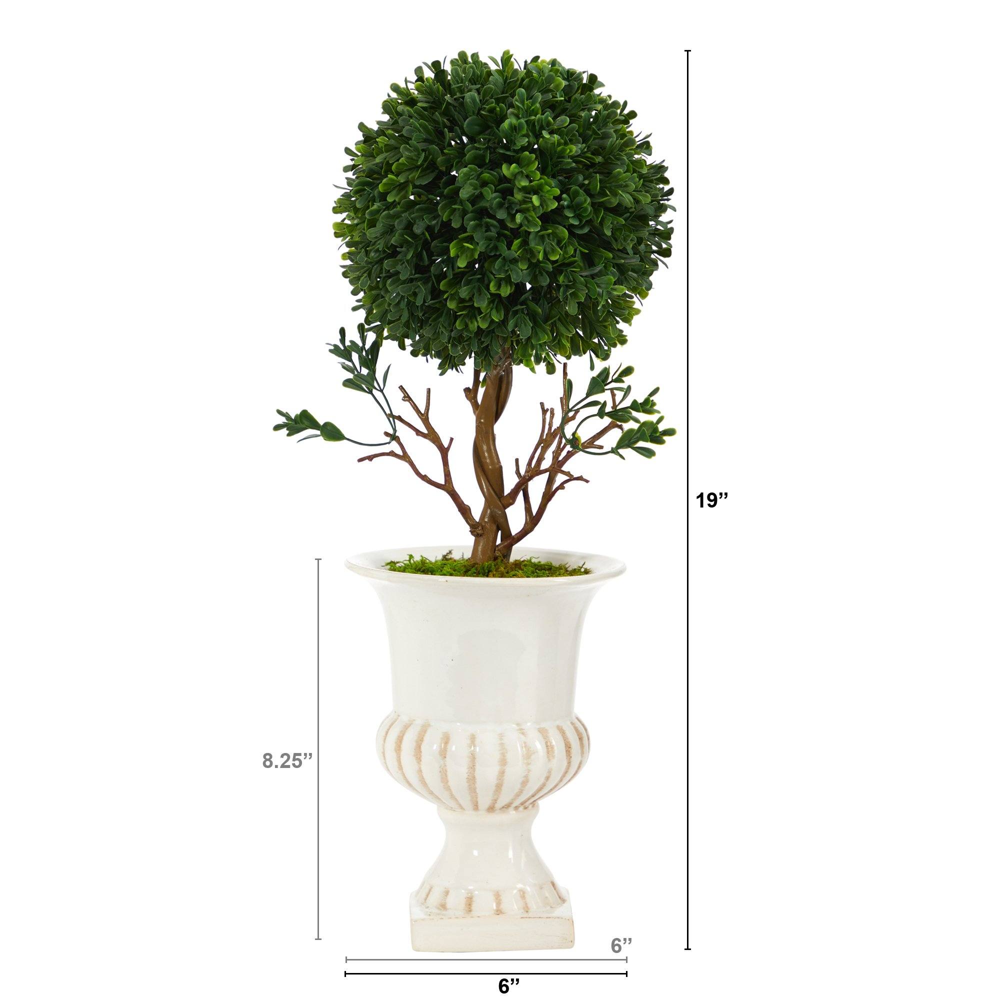 19” Boxwood Topiary Artificial Tree in White Urn UV Resistant (Indoor/Outdoor)