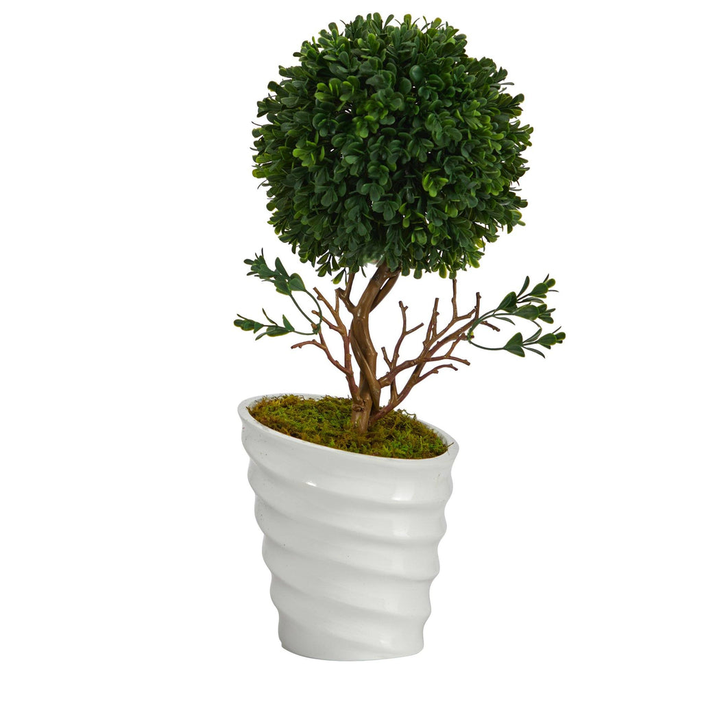 19” Boxwood Topiary Artificial Tree in White Vase  (Indoor/Outdoor)