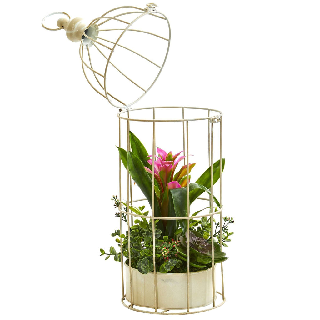 19” Bromeliad & Succulent Artificial Arrangement in Bird Cage
