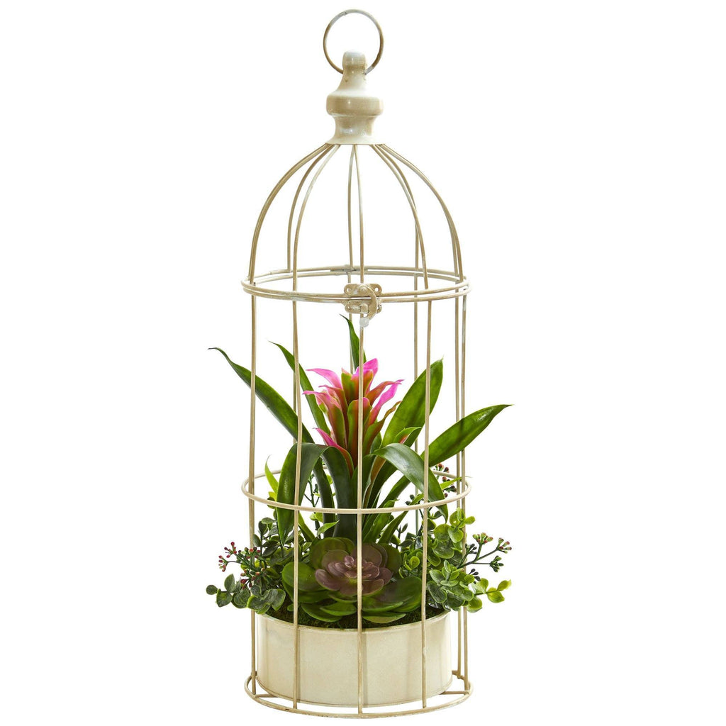 19” Bromeliad & Succulent Artificial Arrangement in Bird Cage