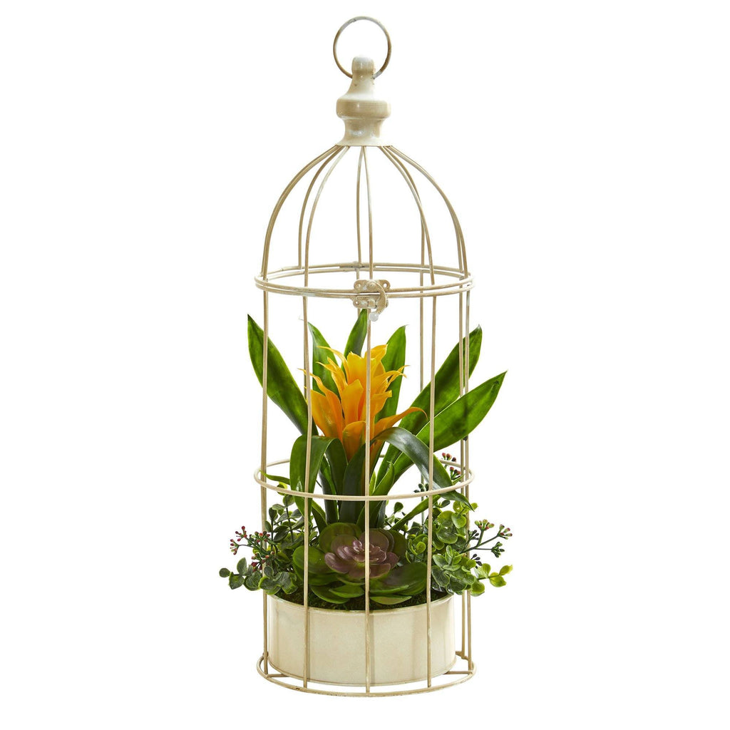 19” Bromeliad & Succulent Artificial Arrangement in Bird Cage