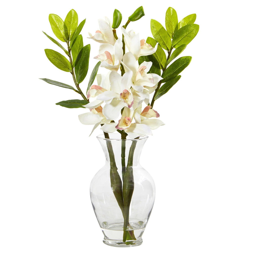 19” Cymbidium Orchid and Faux Zamioculcas Artificial Arrangement