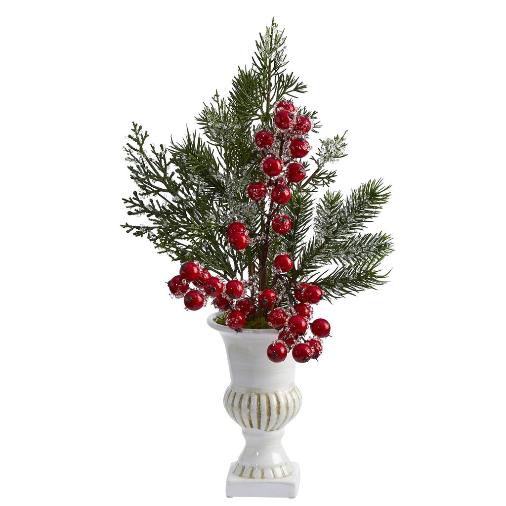 19” Iced Pine and Berries Artificial Arrangement in White Urn
