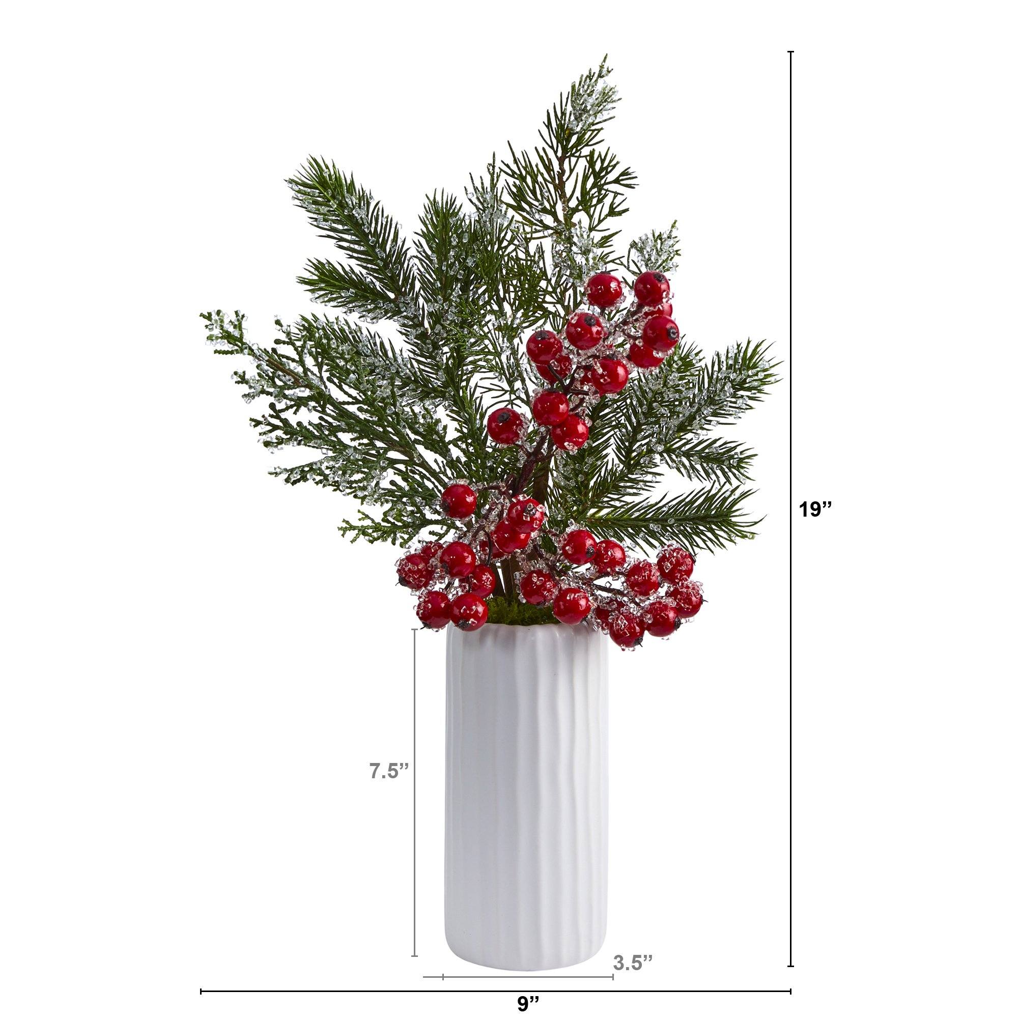 19” Iced Pine and Berries Artificial Arrangement in White Vase