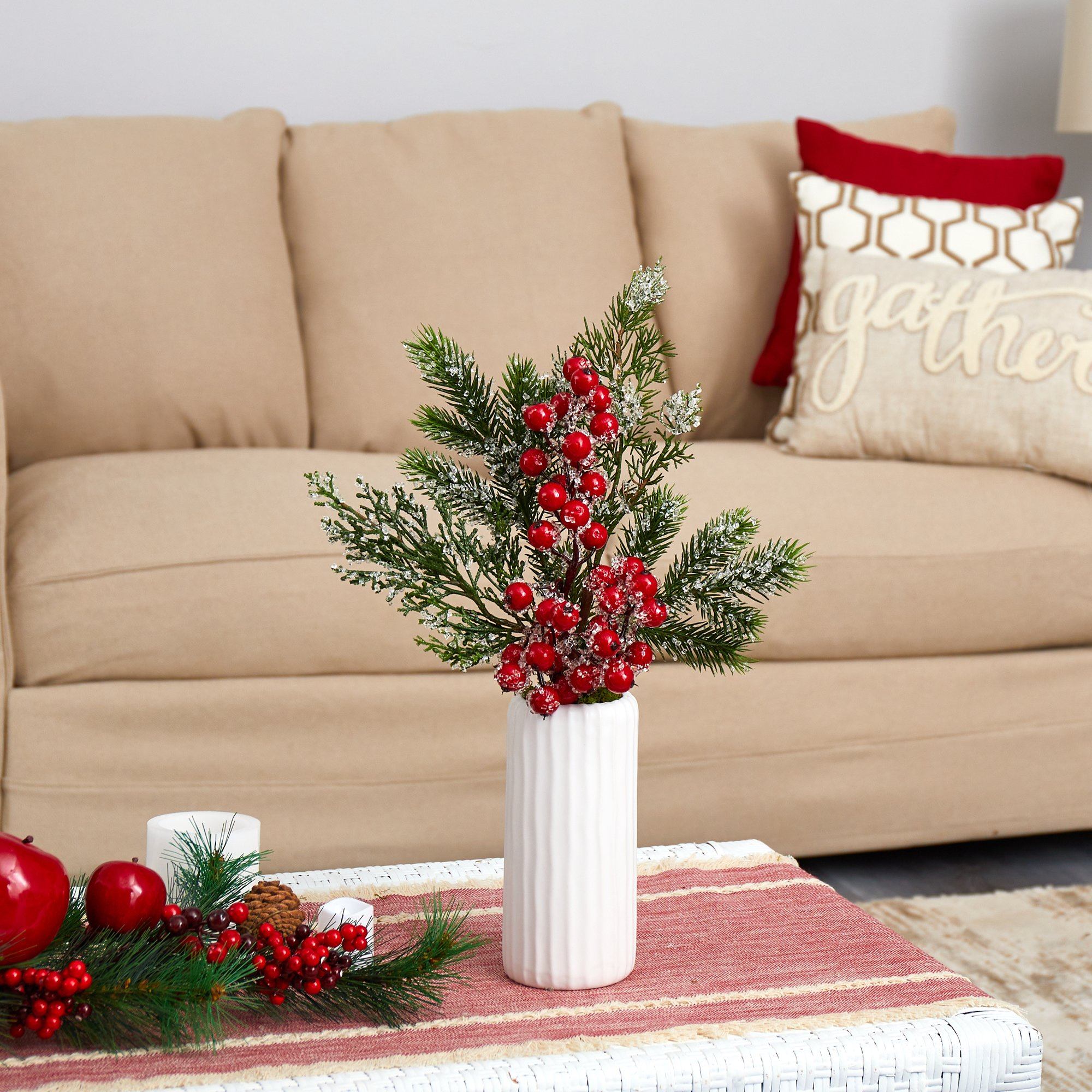 19” Iced Pine and Berries Artificial Arrangement in White Vase