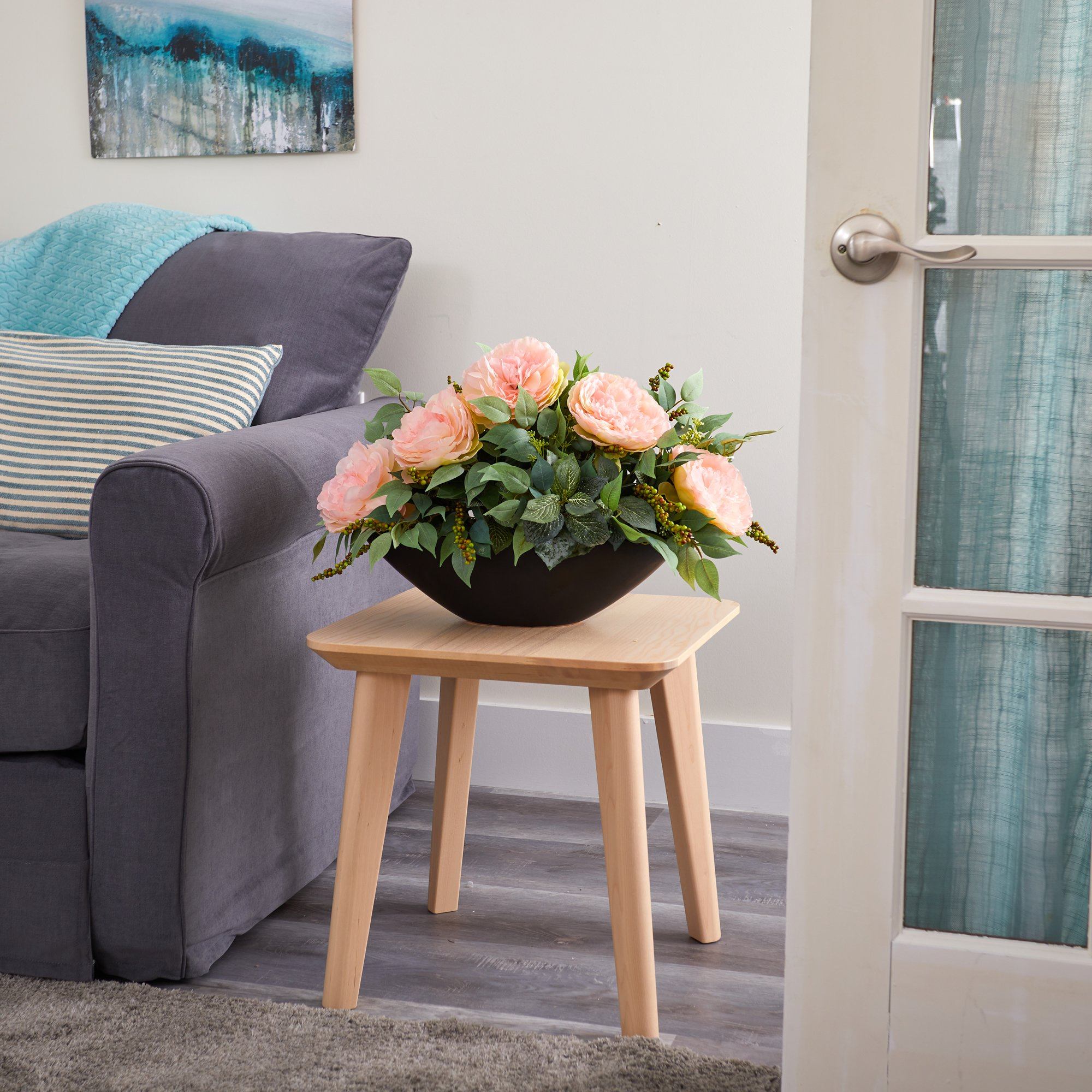 19” Peony and Mixed Greens Artificial Arrangement in Black Vase