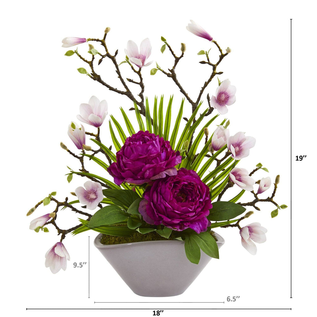 19” Peony, Magnolia and Palm Artificial Arrangement in Vase