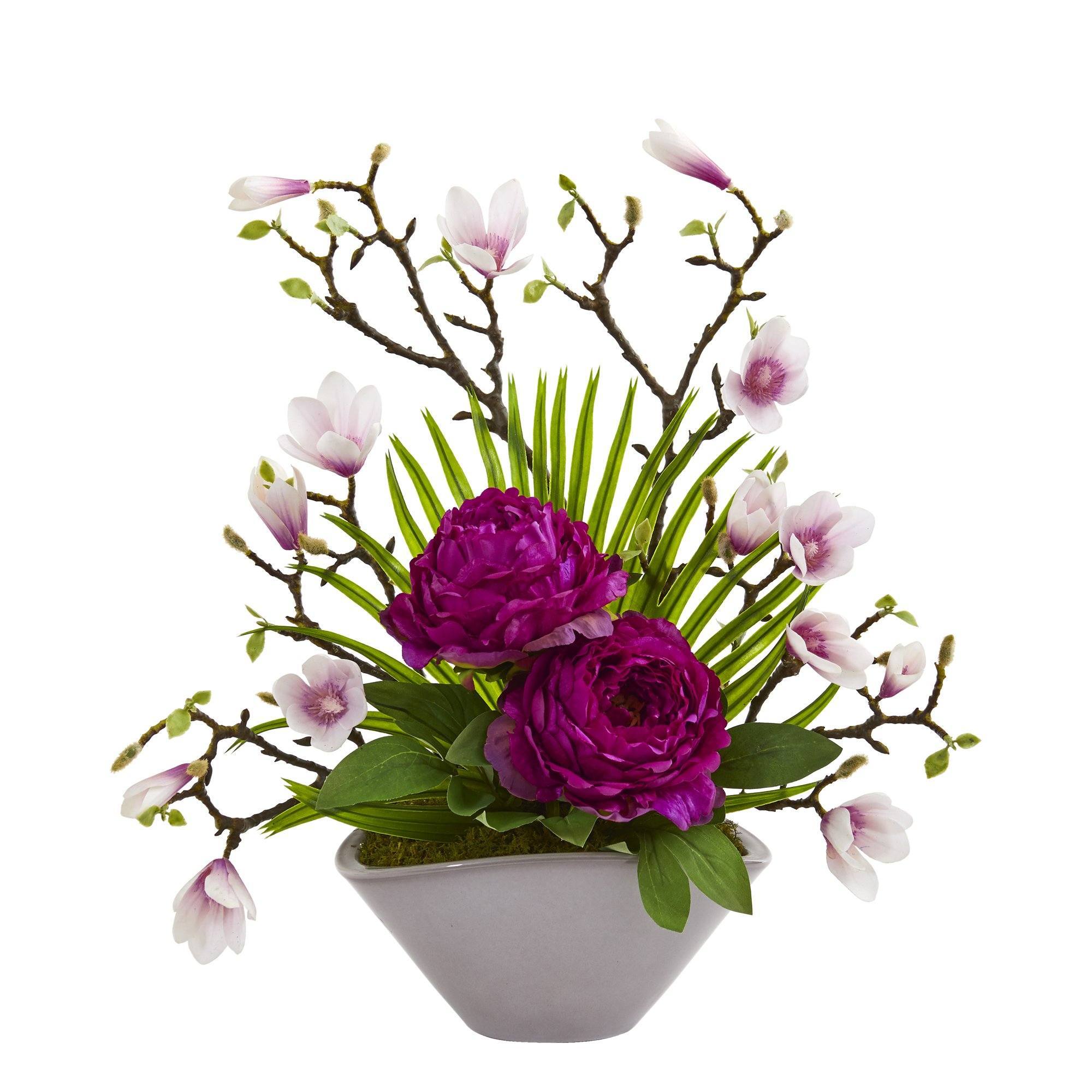 19” Peony, Magnolia and Palm Artificial Arrangement in Vase