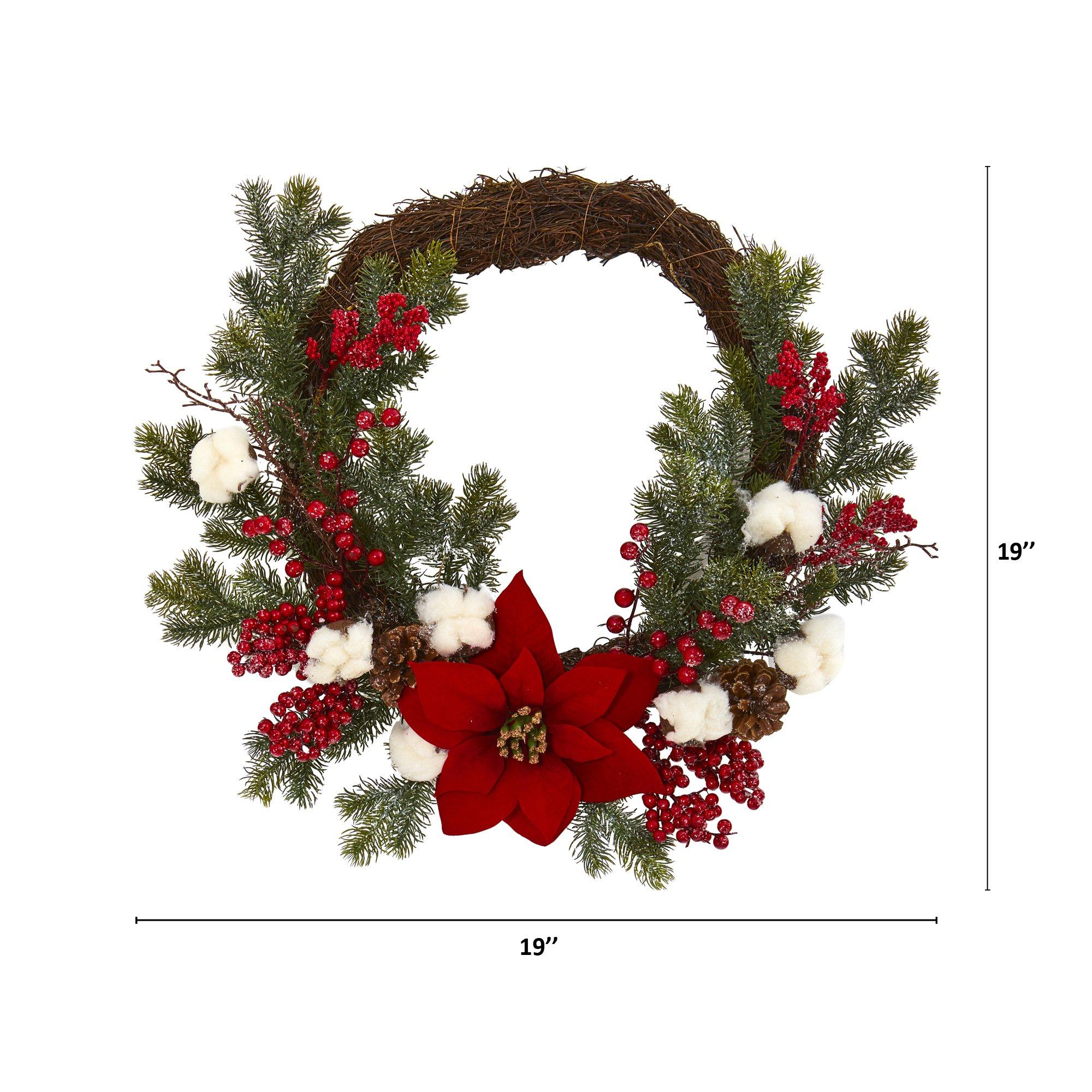 19” Poinsettia with Berries and Cotton Artificial Wreath