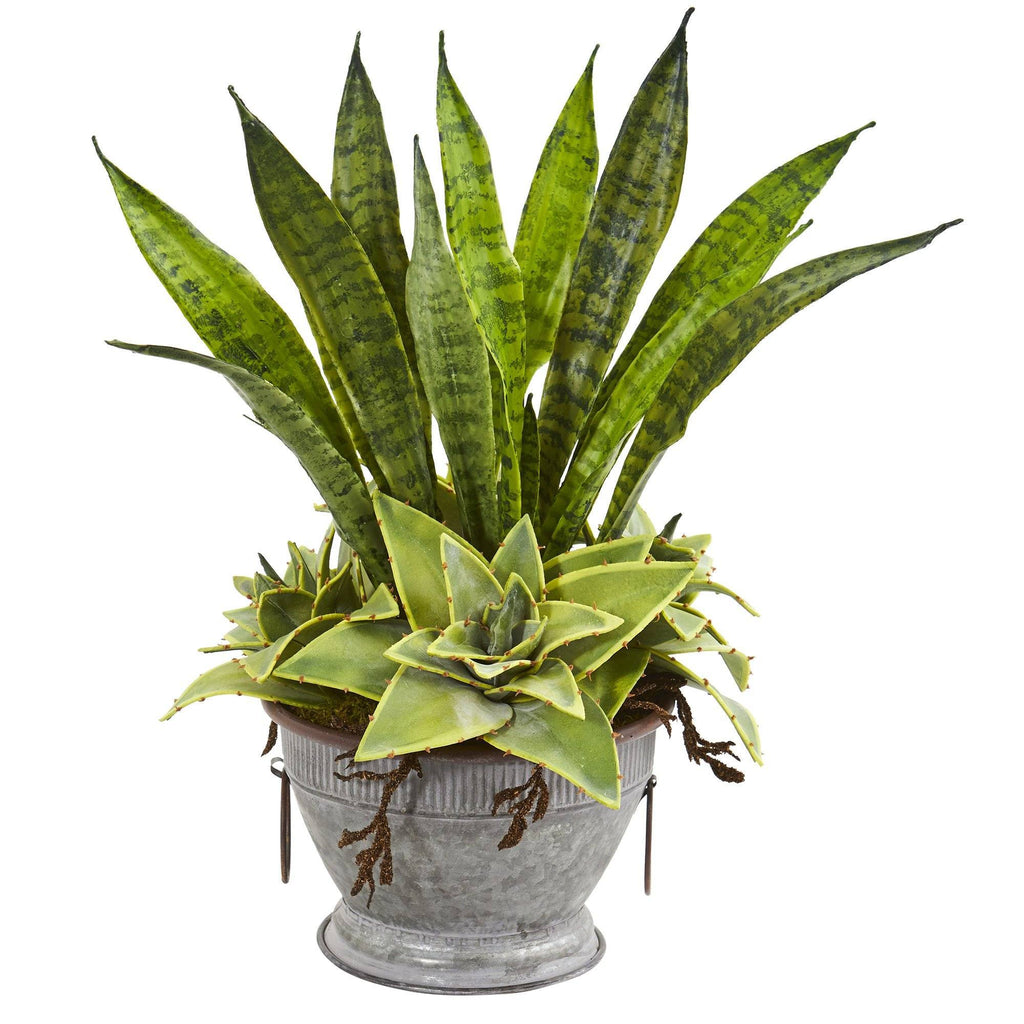 19” Sansevieria and Succulent Artificial Plant in Metal Bowl