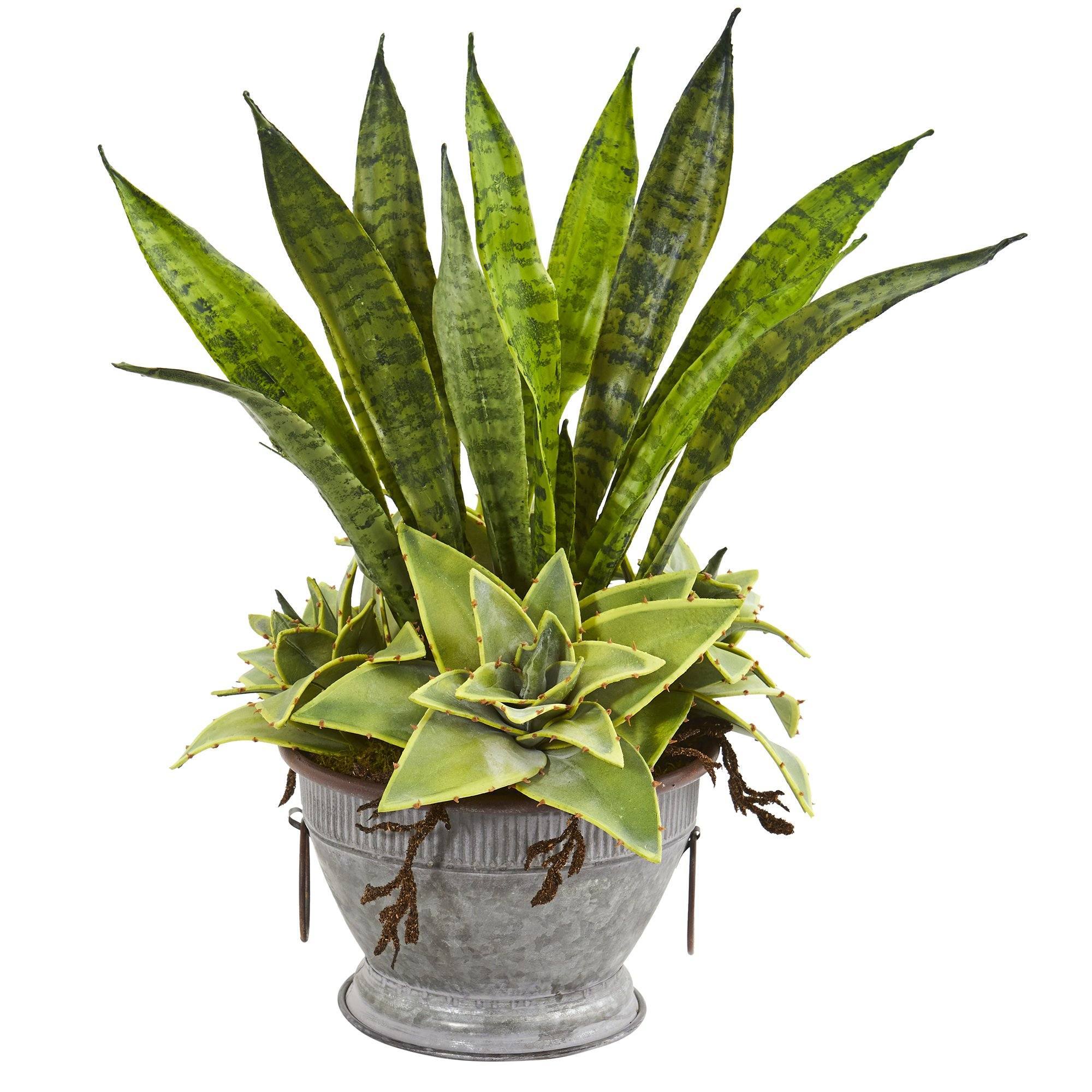 19” Sansevieria and Succulent Artificial Plant in Metal Bowl