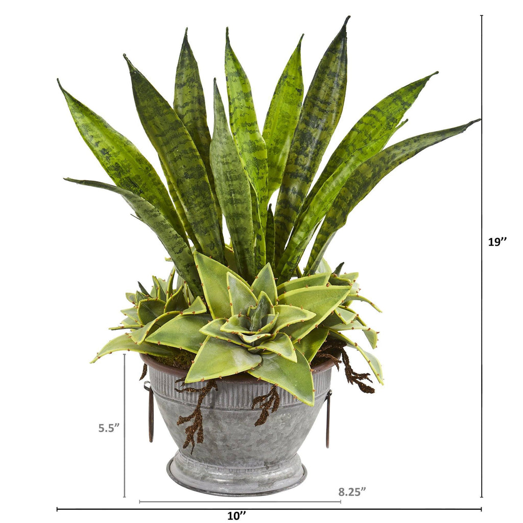 19” Sansevieria and Succulent Artificial Plant in Metal Bowl