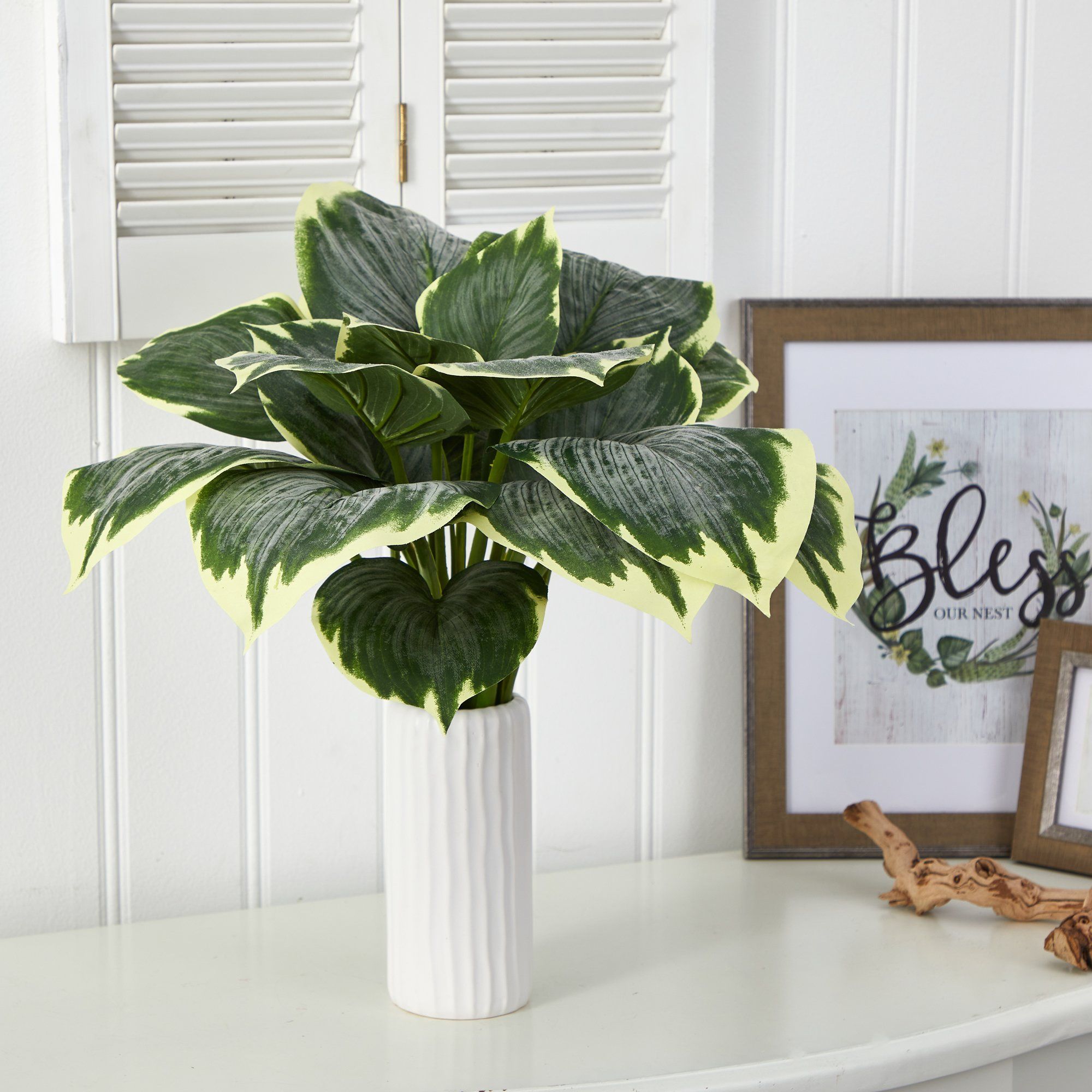 19” Variegated Hosta Artificial Plant in White Planter