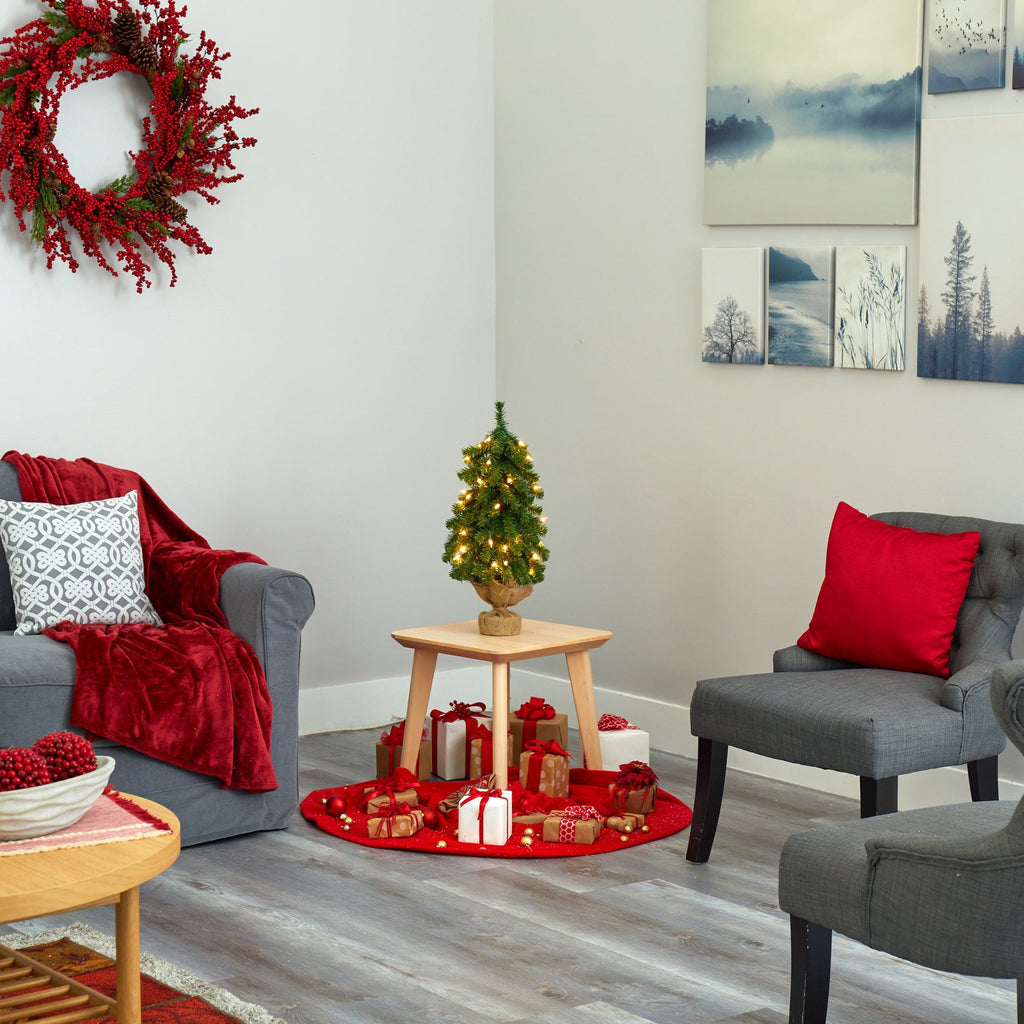 2’ Alpine Artificial Christmas Tree with 35 Lights, 92 Bendable Branches and a Burlap Planter