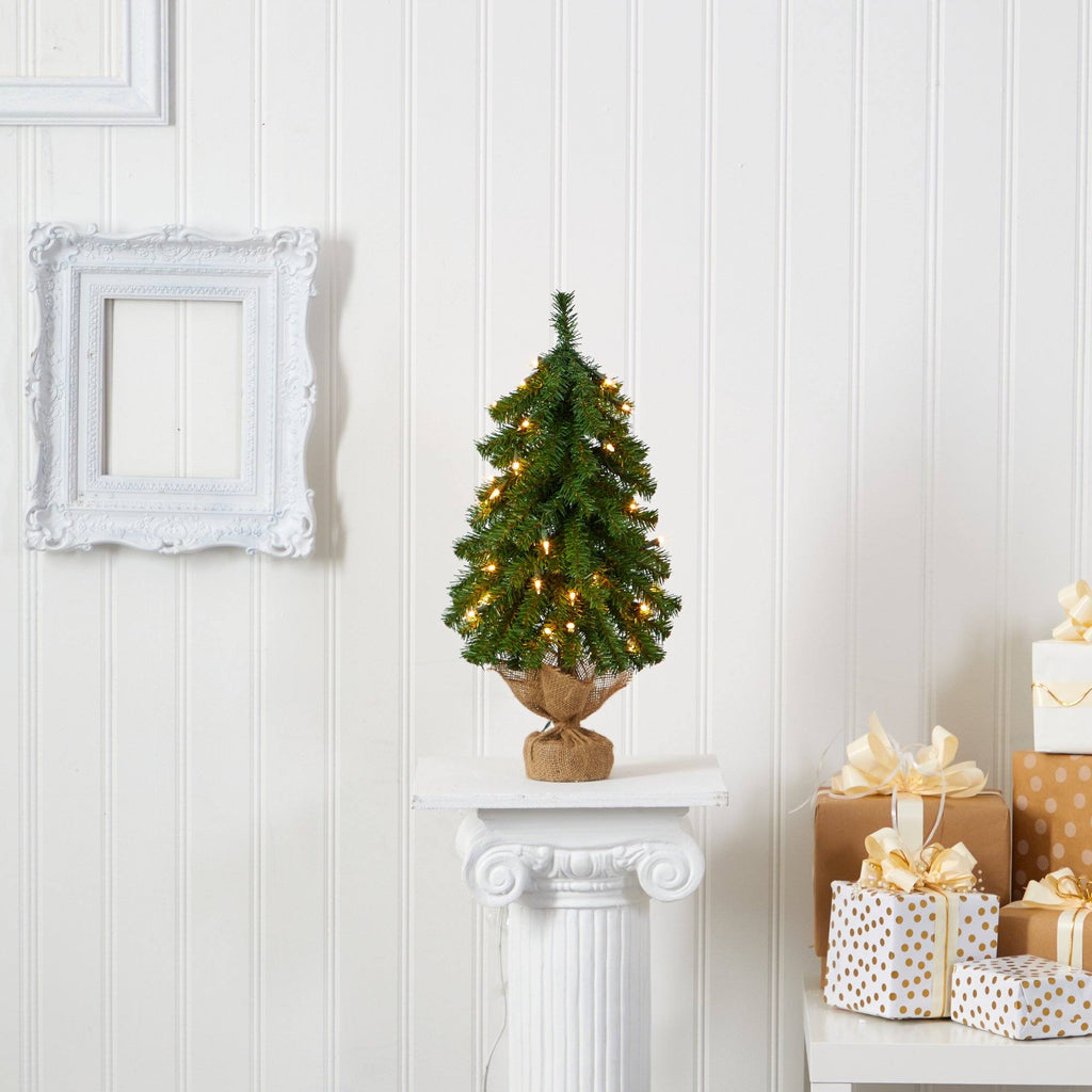 2’ Alpine Artificial Christmas Tree with 35 Lights, 92 Bendable Branches and a Burlap Planter