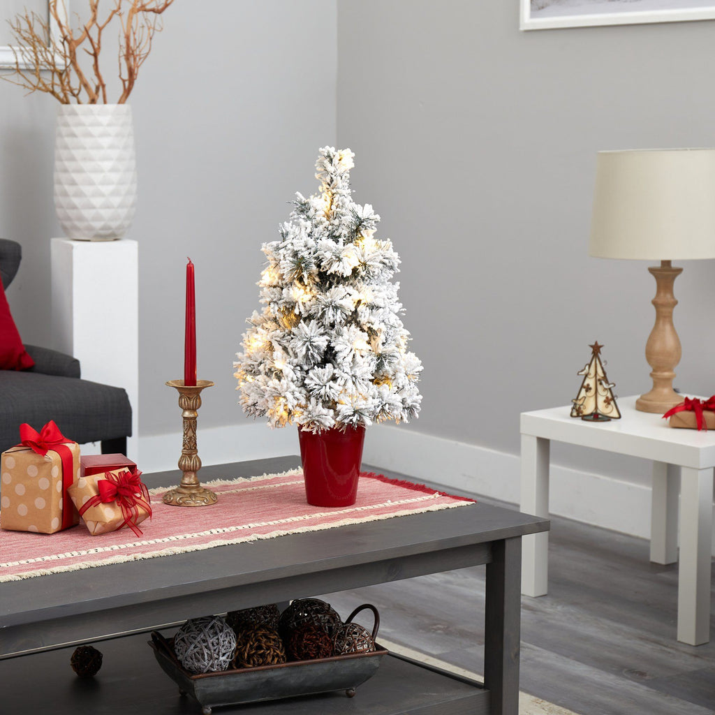 2’ Flocked Artificial Christmas Tree with 30 Clear LED Lights in Burgundy Vase