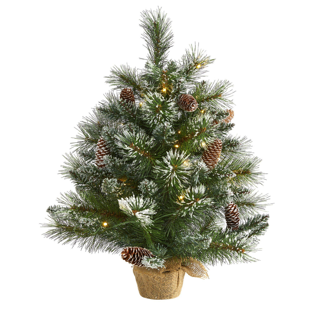 2’ Frosted Pine Artificial Christmas Tree with 35 Clear LED Lights, Pinecones and Burlap Base