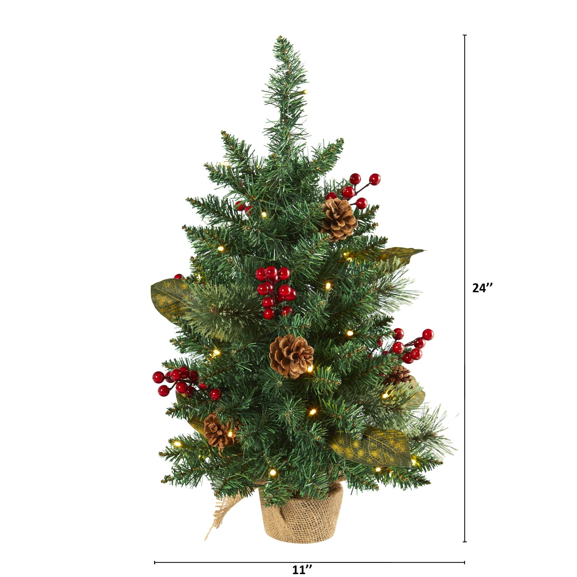 2’ Pine, Pinecone and Berries Artificial Christmas Tree with 35 LED Lights and 86 Bendable Branches