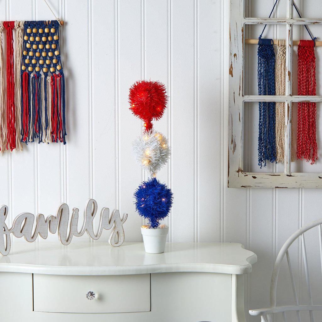 2’ Red, White and Blue “Americana” Artificial Topiary Plant with 35 Warm LED Lights