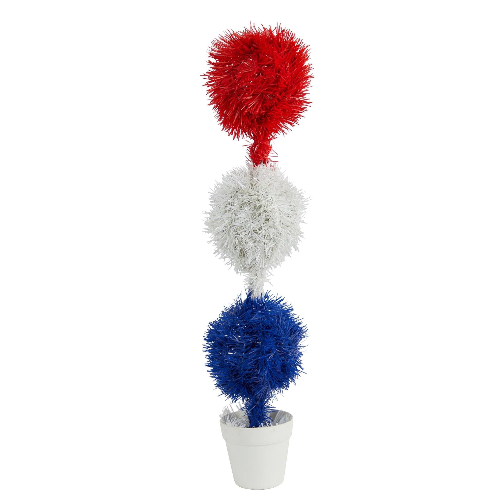 2’ Red, White and Blue “Americana” Artificial Topiary Plant with 35 Warm LED Lights