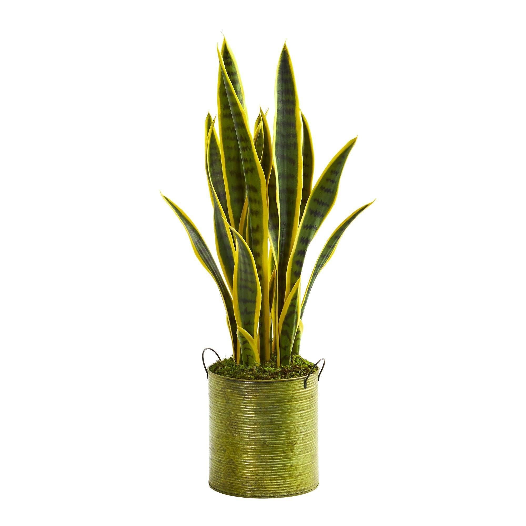 2’ Sansevieria Artificial Plant in Metal Green Planter