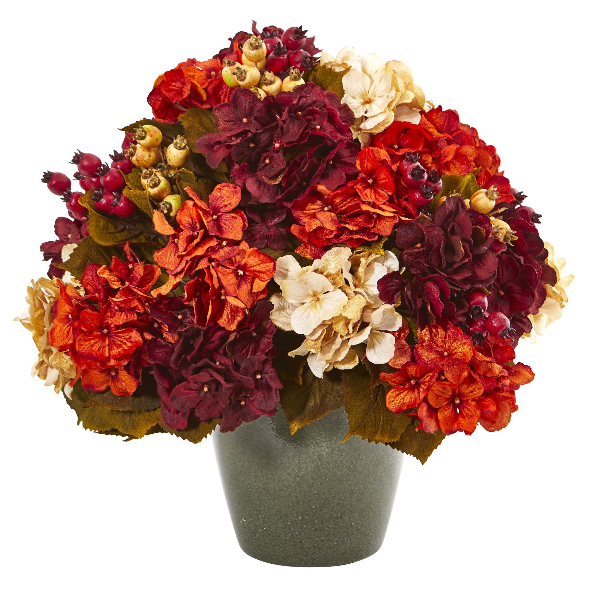 20” Autumn Hydrangea Artificial Arrangement in Green Vase