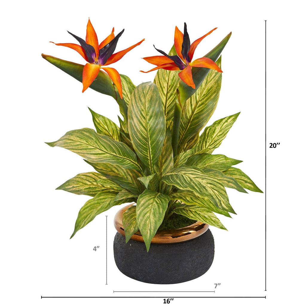 20” Bird of Paradise and Musa Leaf Artificial Arrangement in Stoneware Bowl