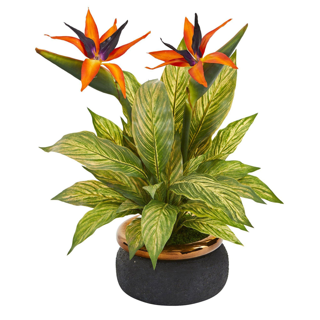 20” Bird of Paradise and Musa Leaf Artificial Arrangement in Stoneware Bowl