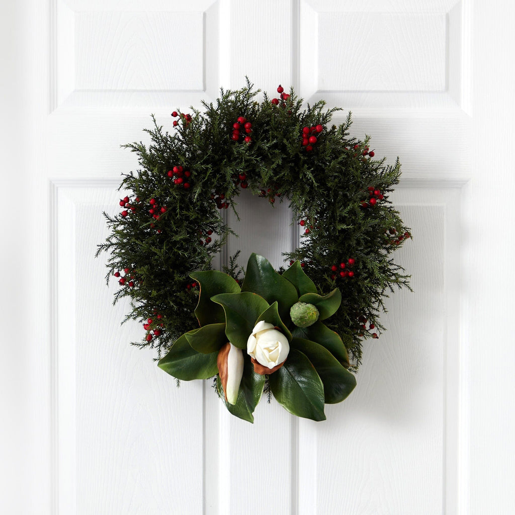 20” Cedar, Berries and Magnolia Artificial Christmas Wreath