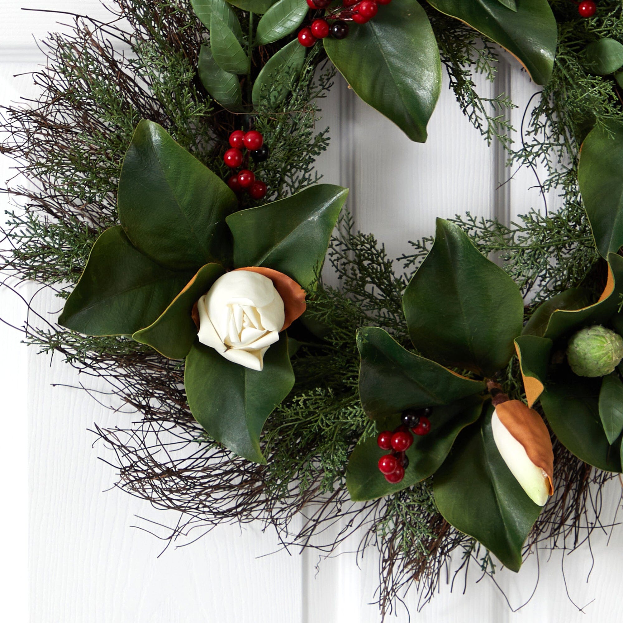 20” Cedar, Ruscus and Magnolia with Berries Artificial Wreath