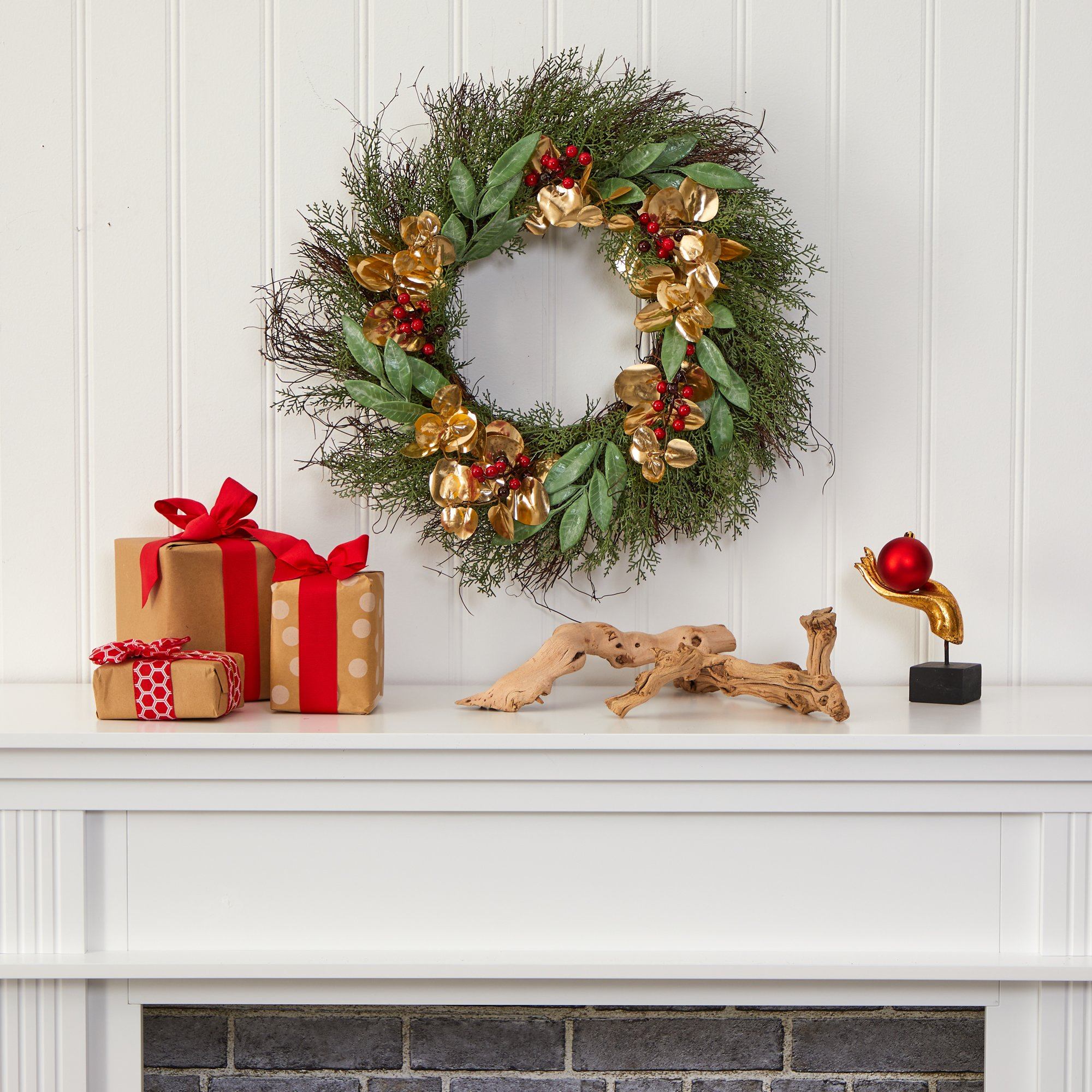 20” Cedar, Ruscus, Berries and Golden Eucalyptus Artificial Wreath