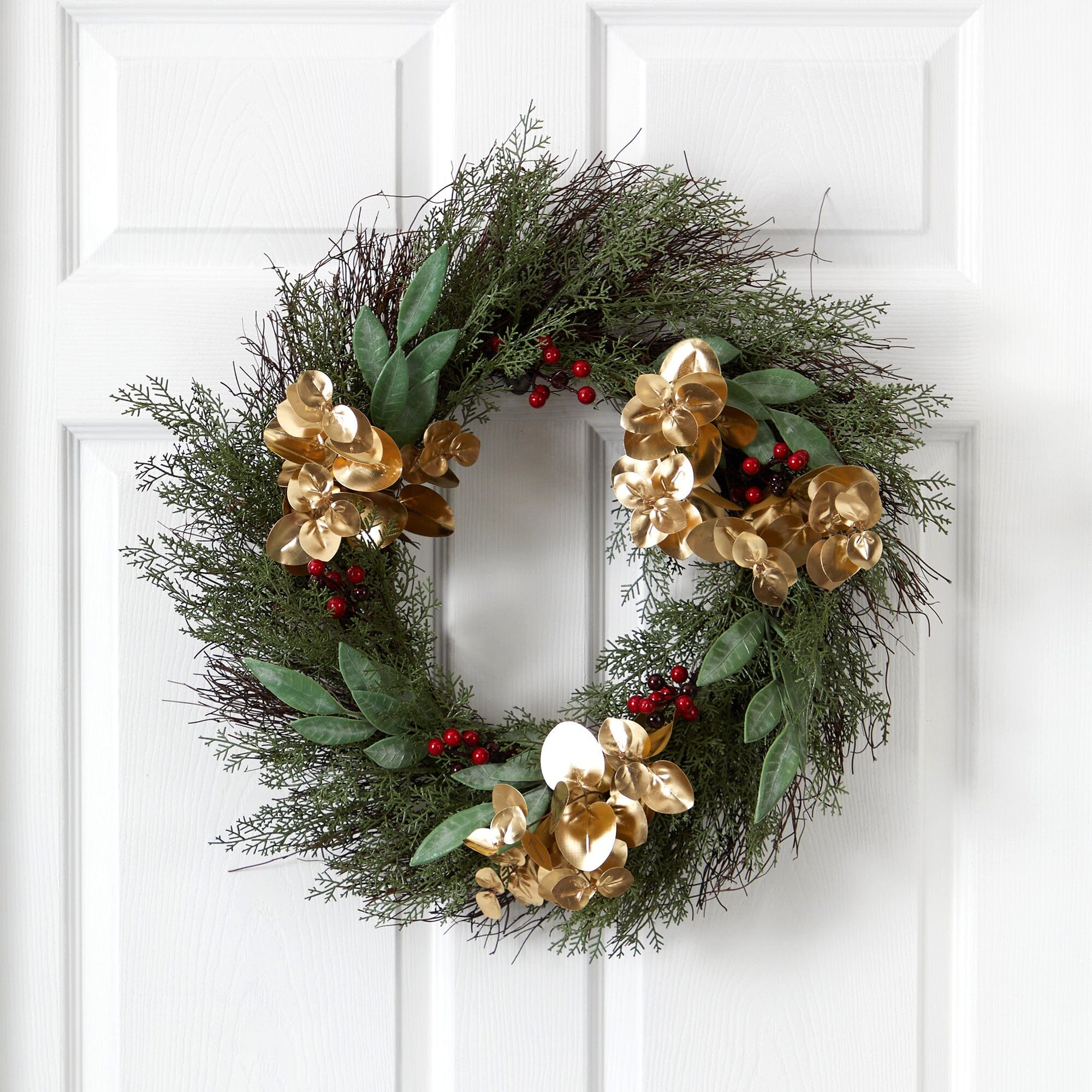 20” Cedar, Ruscus, Berries and Golden Eucalyptus Artificial Wreath